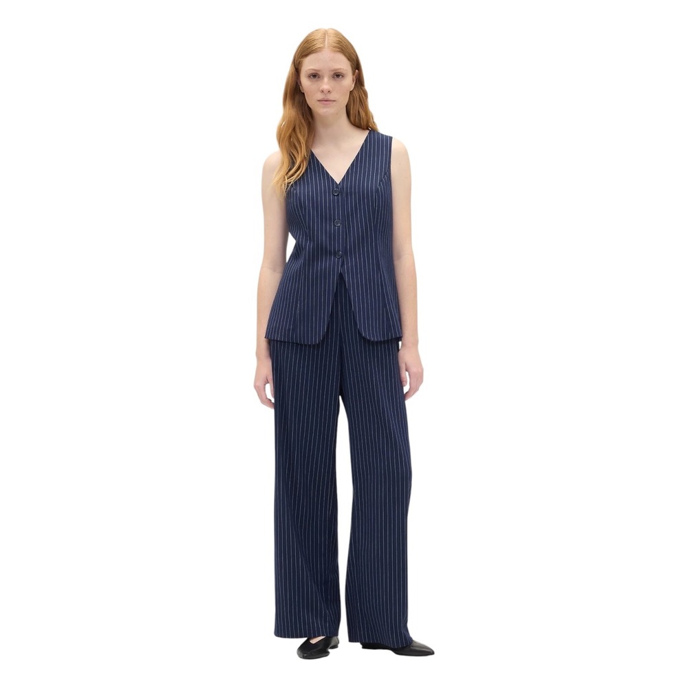 Gap Womens Navy Blue‎ Pinstripe Wide Leg Elastic Waist Career Trousers Size M